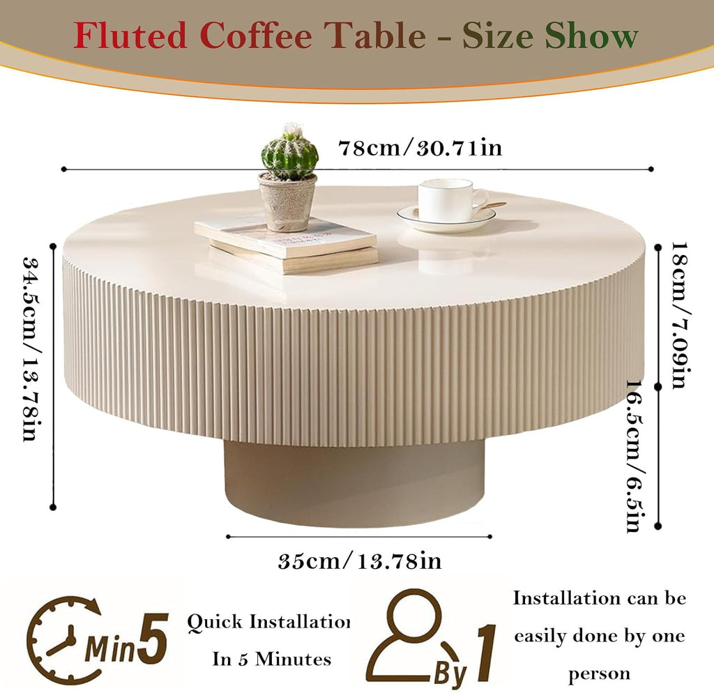 Round Fluted Coffee Table Rustic Circular Pedestal Center Table with Round Thicken Tabletop & Sturdy Base for Living Room Reception Room Study Farmhouse (Lvory White Thicken 30.71in)