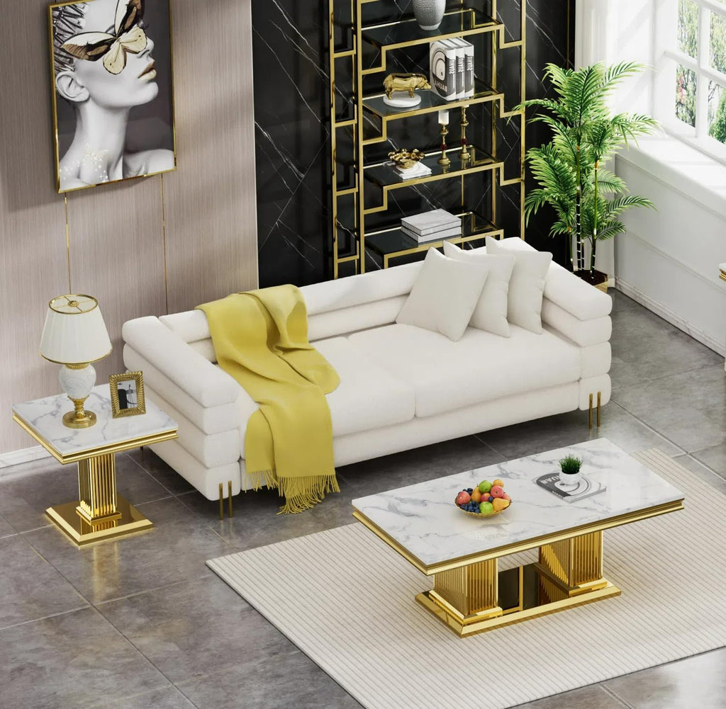 3 Pieces Living Room Table Set,White Faux Marble Coffee Table Set of 3, Modern Coffee Table and 2 End Table Set with Gold Column-Shaped Stainless Steel Base for Living Room Home Office