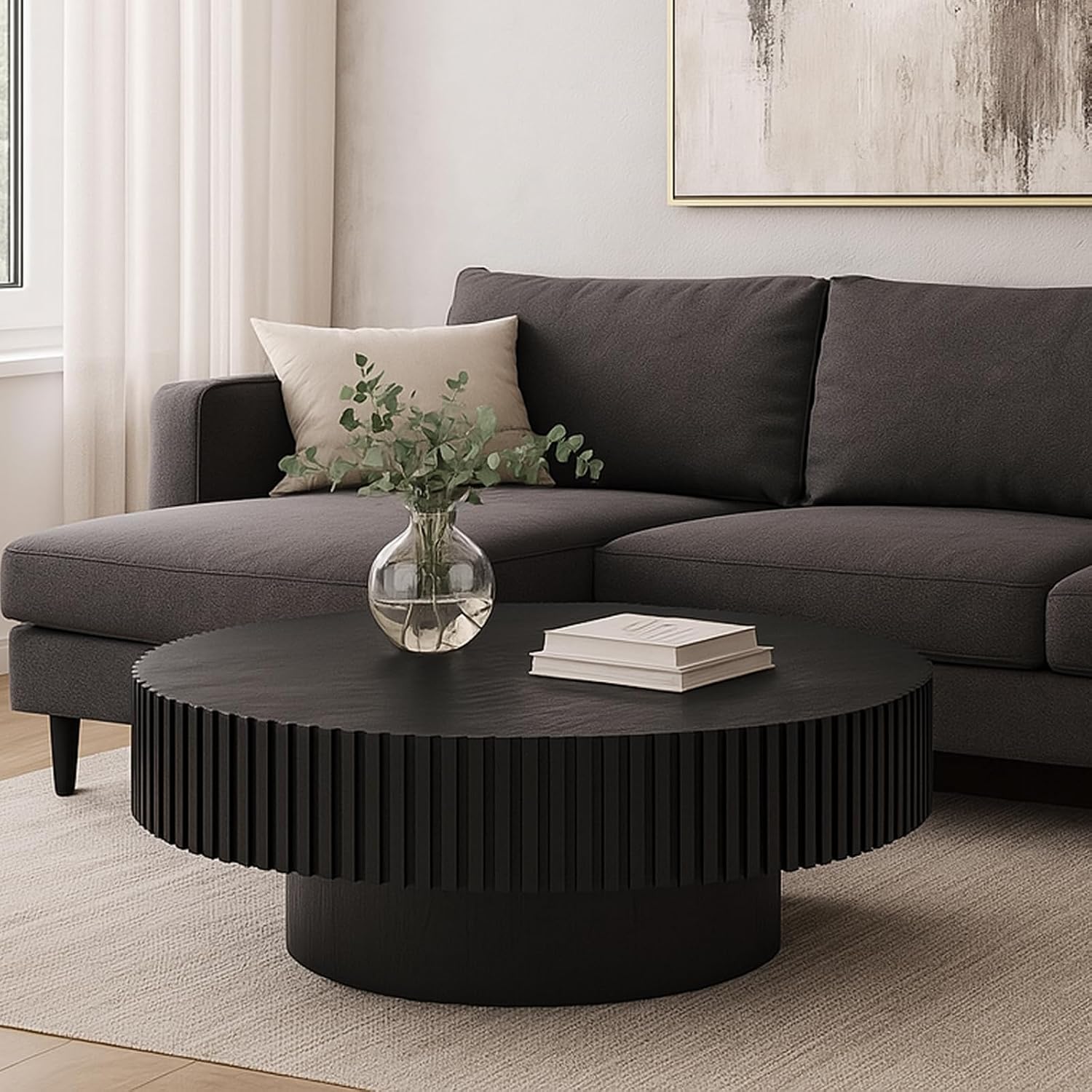 39.4' Round Coffee Table for Living Room, Modern Wooden Coffee Table Circle Center Table with Solid Wood Veneered, Easy Assembly, Black