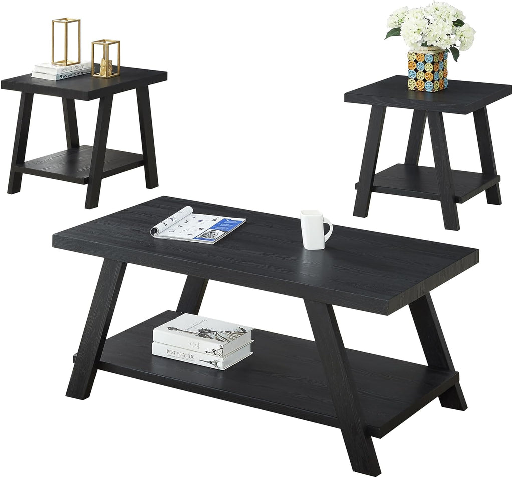 3-Piece Living Room Table Set, Coffee Table& Two End Tables, Side Table with Wood Storage Shelf for Living Room, Bedroom (Black, 48' L x 24' W x 19' H)