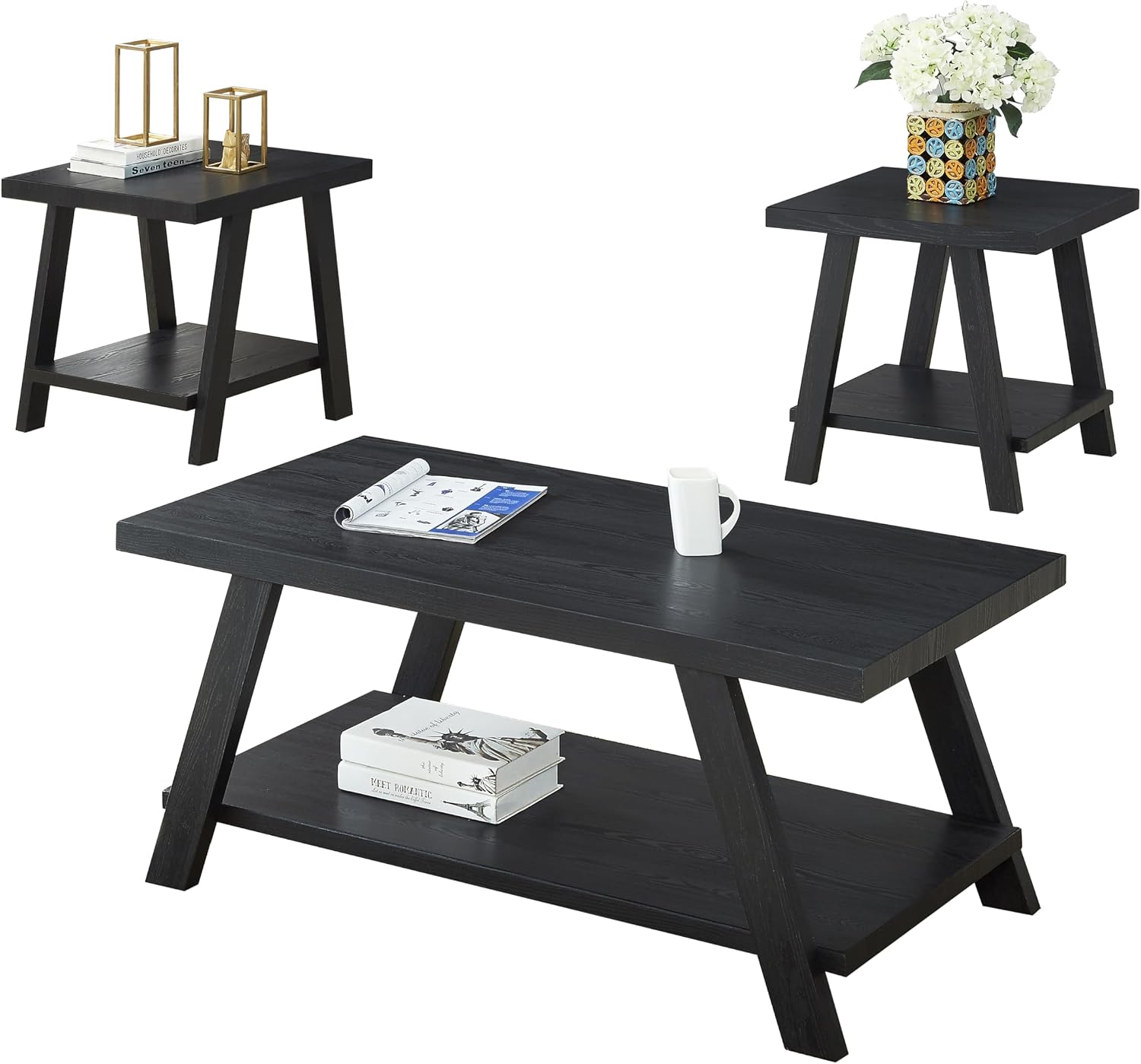 3-Piece Living Room Table Set, Coffee Table& Two End Tables, Side Table with Wood Storage Shelf for Living Room, Bedroom (Black, 48' L x 24' W x 19' H)