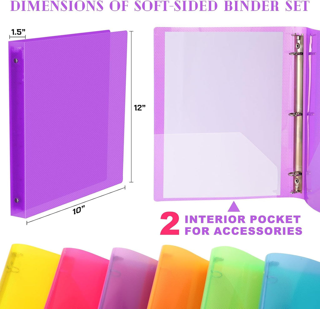 Fulmoon 48 Pack 3 Ring Plastic Binders 1.5 Inch Bulk with 2 Pockets, Flexible Binder Loose Leaf Hardcover, Fit 12' x 10' US Letter Size Paper, for School Office Home, 6 Colors (Bright)