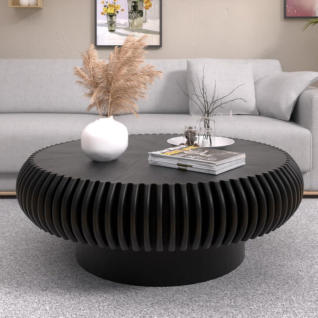 JHKZUDG Round Fluted Coffee Table 31.5'' Wood Drum Coffee Tables Contemporary Circle Accent Center Table Mid Century Side Table for Living Room, Small Space, Apartment (Black, 31.5' Coffee Table)