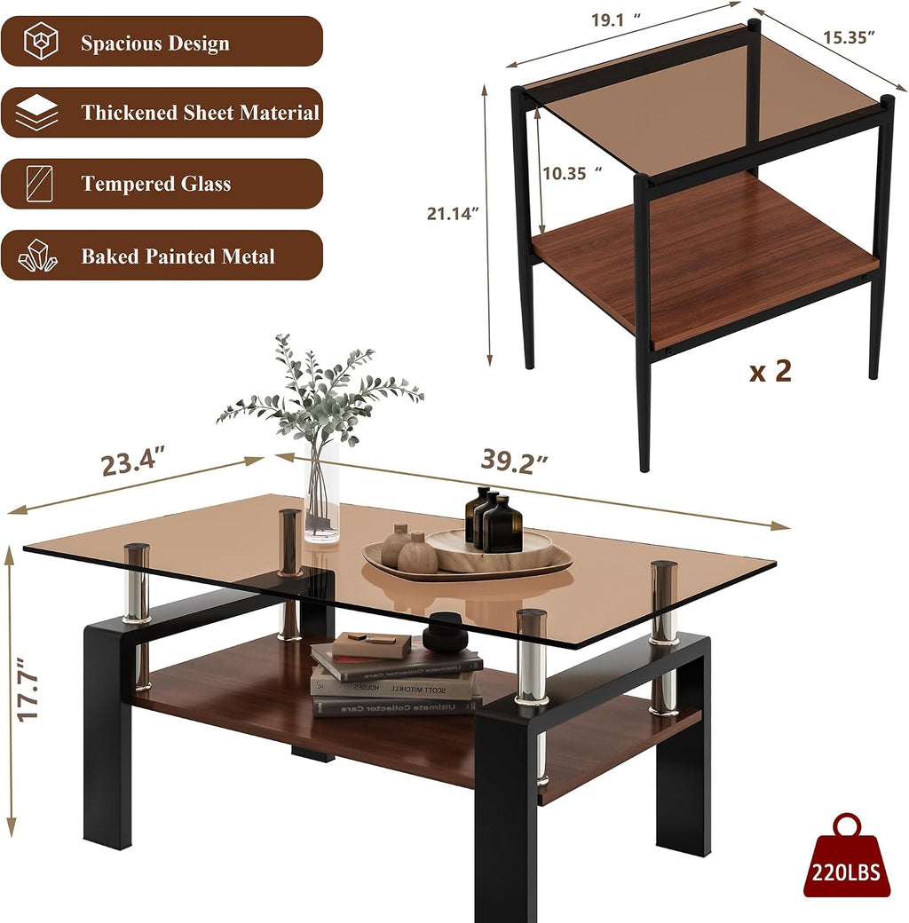Modern Glass Coffee Table and End Table Sets of 3, Living Room Tables Set with Walnut Wooden MDF Layer, 39' Rectangle Brown Top, Black Metal Legs
