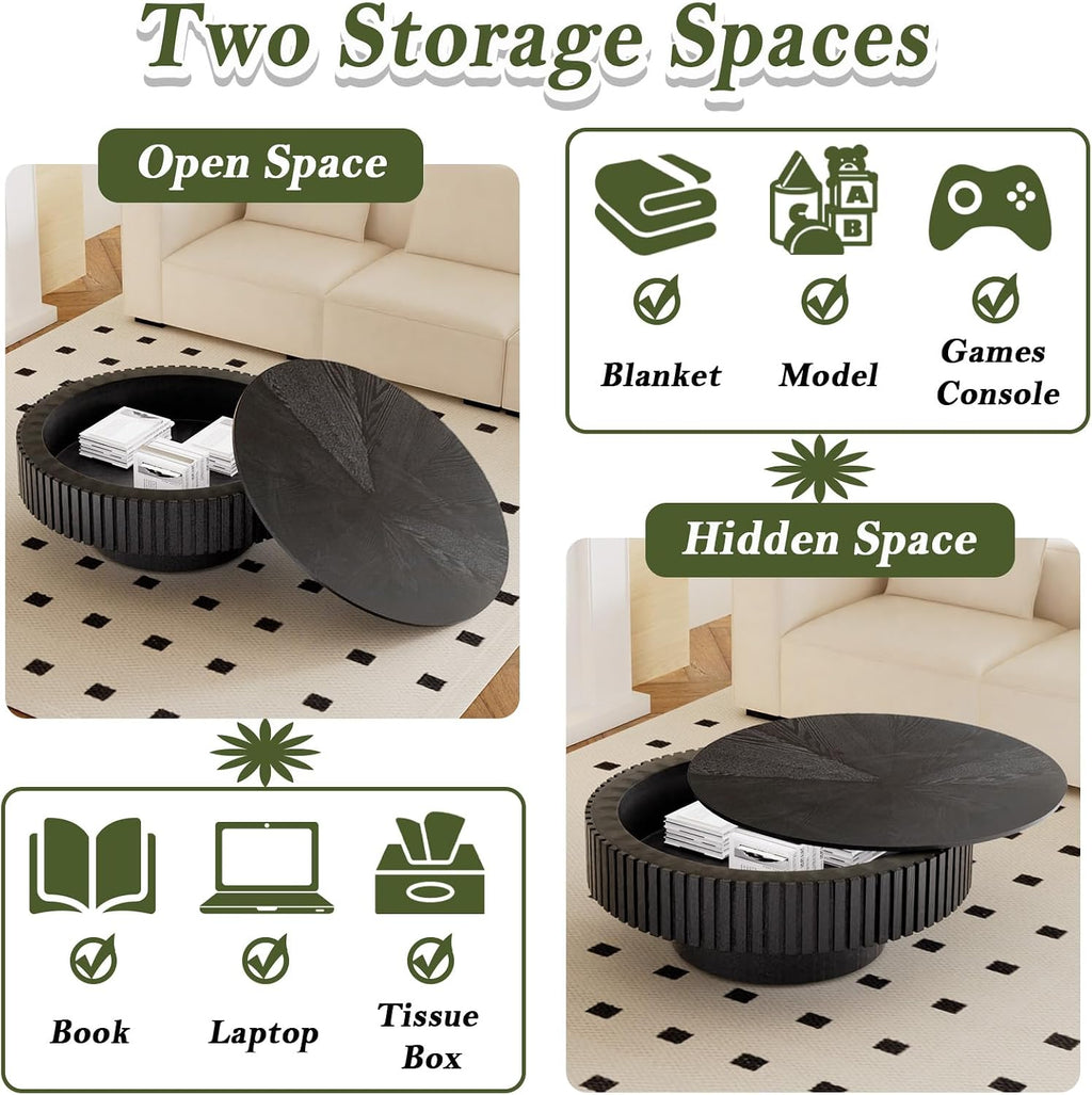 Round Coffee Table with Storage Modern Round Storage Coffee Table Black Fluted Drum Coffee Table Low Circle Coffee Tables for Living Room (Black B, 31.4')