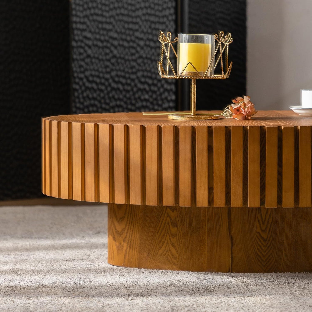 Oval Fluted Coffee Table Drum Coffee Tables for Living Room Modern Pedestal Center Table (Oval Wood 43.3in)