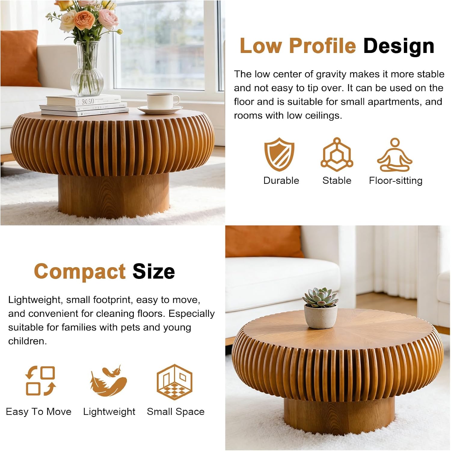 Round Coffee Table for Living Room Modern Brown Fluted Coffee Table Round Drum Coffee Tables Low Circle Pedestal Center Table for Small Spaces (A Brown, 31.4 in)