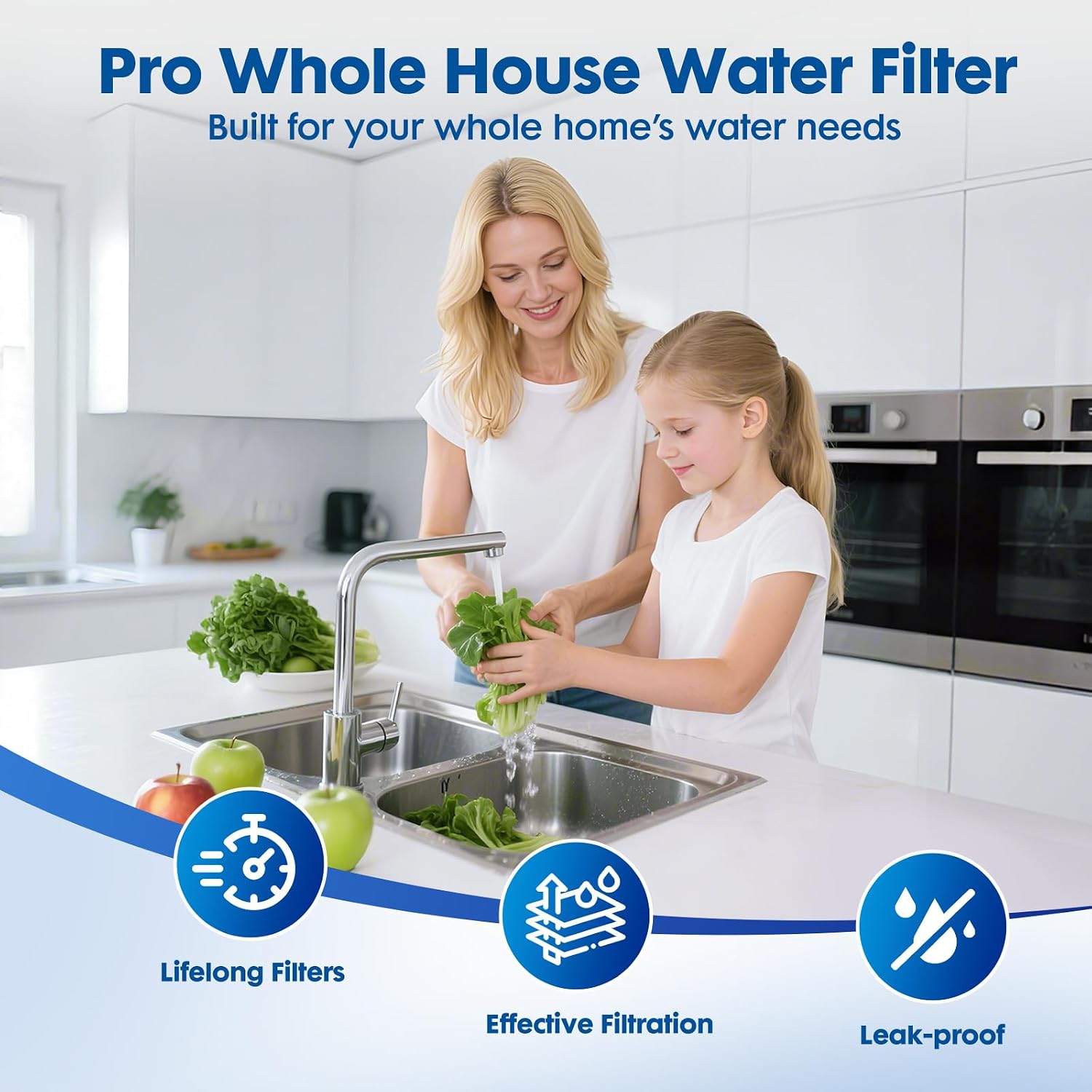 Whole House Water Filter System, 3-Stage Home Water Filtration System Highly Reduces Chlorine Odor,Taste, Delivers Crisp Water for Healthier Skin, 3/4' Ports with 2 Valves, Extra 2 Sets Filter Supply