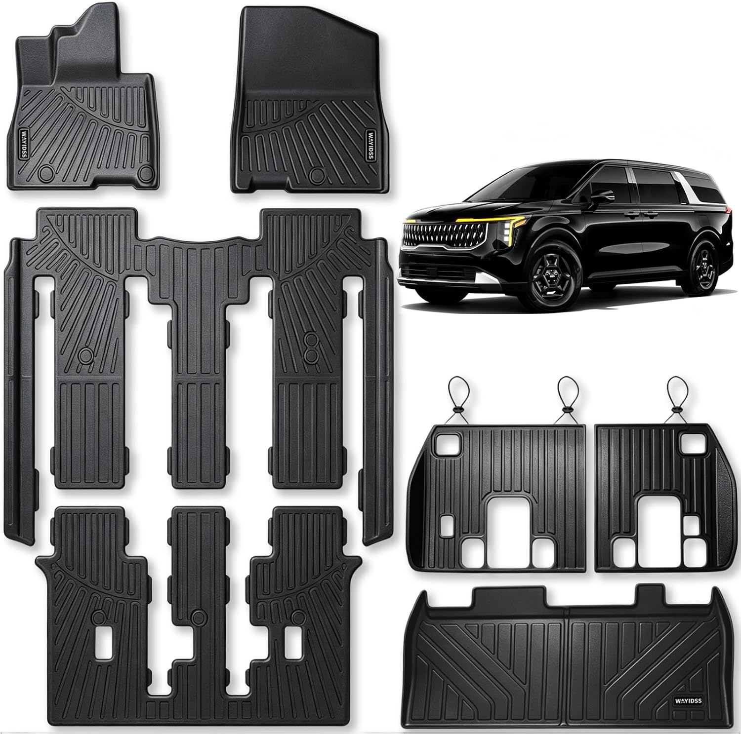Floor Mats for 2022 2023 2024 2025 2026 KIA Carnival 8 Seats (Non Hybrid) with Trunk Mat & Backrest Mat TPE All Weather Protection Car Floor Liners with Cargo Liners Covering The Backrest