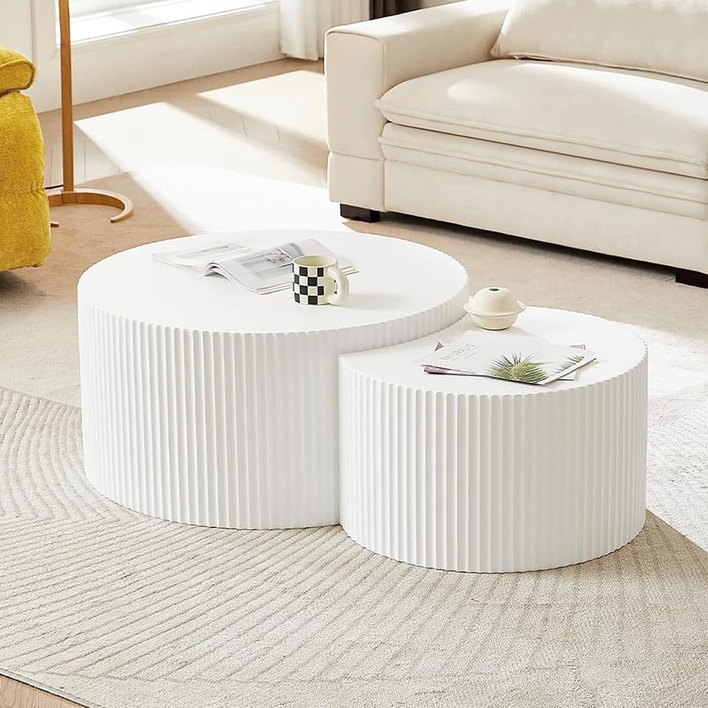 Nesting Coffee Table Set of 2 Wood Circle Drum Coffee Tables Set Contemporary Fluted Coffee Table Round Wooden Coffee Tables for Living Room & Small Space ((Cream, 27.5 +19.6in)