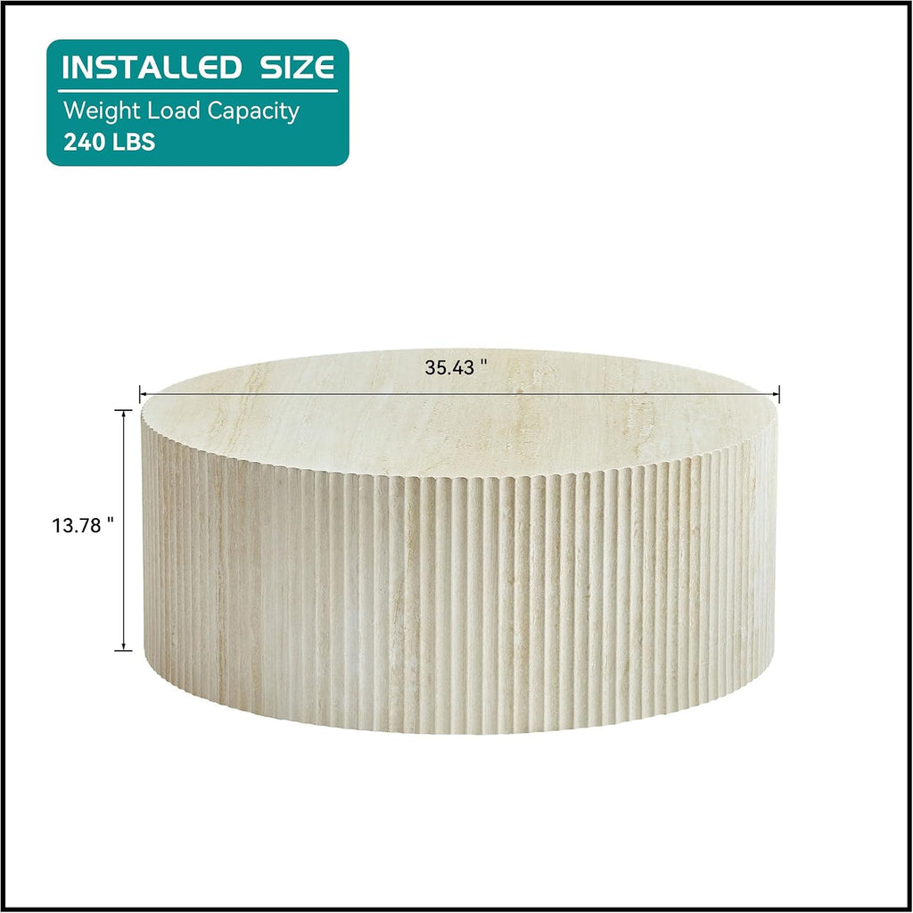 35.43'' Round Fluted Coffee Table Wood Circle Coffee Table for Living Room, Modern Contemporary Style, No Assembly, Beige