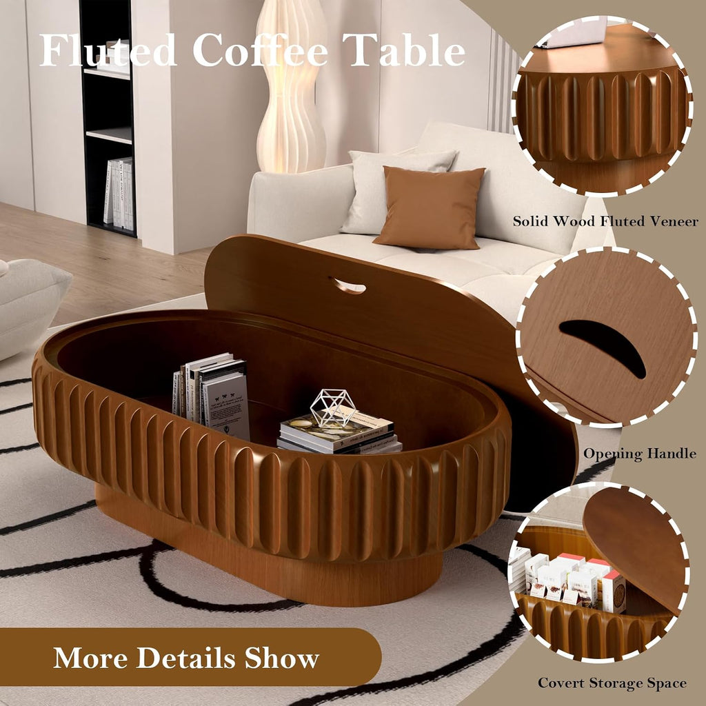 Chic Drum Coffee Table with Storage 43.3' Rustic Oval Center Table - Solid Wood Fluted Veneer Easy Assemble for Living Room Apartment (E 43.3in)