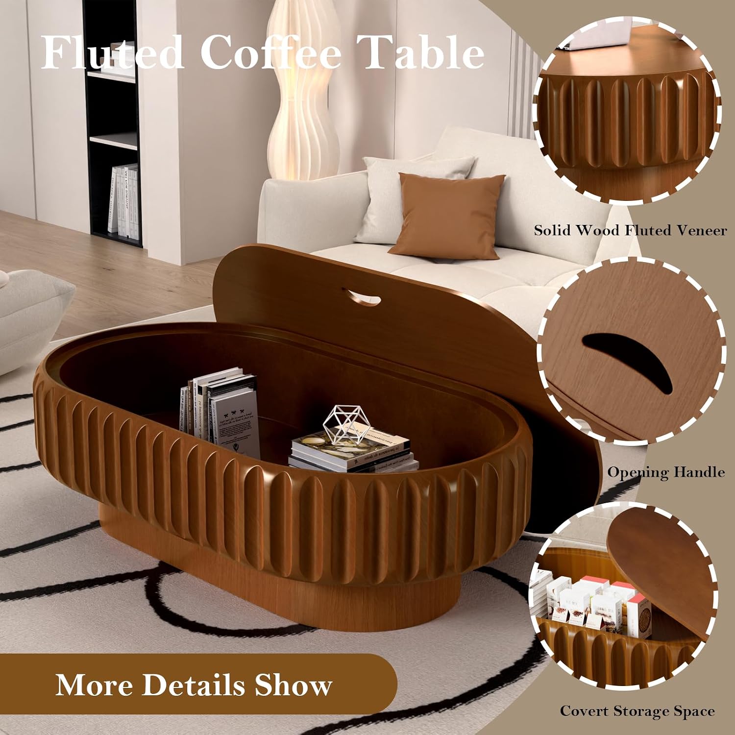 Chic Drum Coffee Table with Storage 43.3' Rustic Oval Center Table - Solid Wood Fluted Veneer Easy Assemble for Living Room Apartment (E 43.3in)