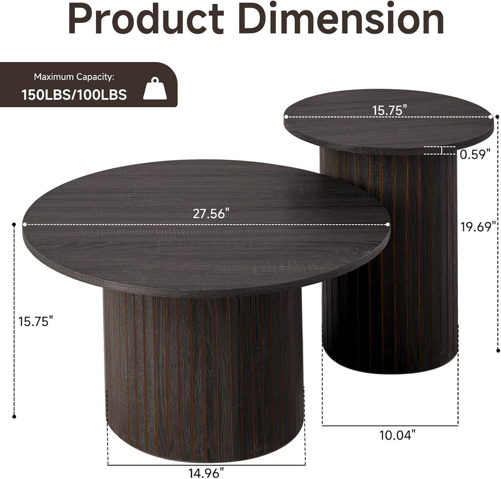 Round Coffee Tables Set of 2, Circle Modern Small Wood Side Table with Fluted Style Drum Base for Living Room Bedroom Balcony Office, Balck