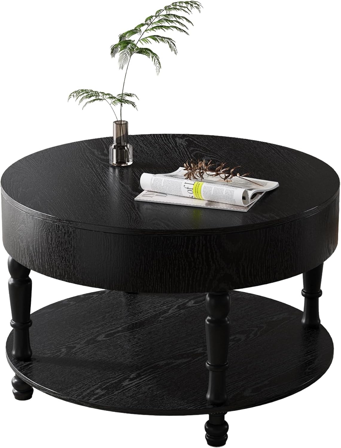 31.5'' Round Coffee Table with Storage Space, 2-Tier Modern Rustic Wood Circle Coffee Table for Living Room, Moveable Table Top & Easy Assembly, Black