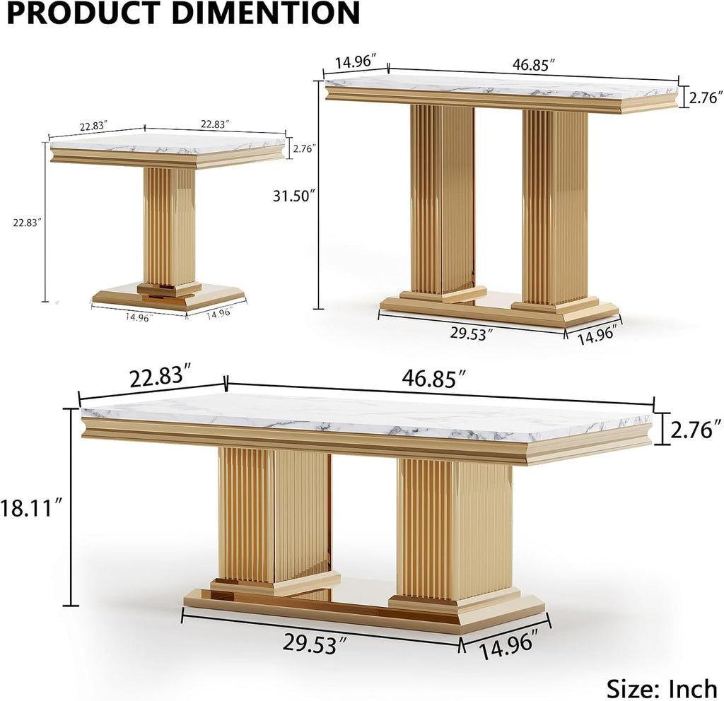 3 Pieces Living Room Table Set, Faux Marble Coffee Table Set of 3, Modern Coffee Table, Console Table and End Table with Column-Shaped Stainless Steel Base for Living Room Office White Gold
