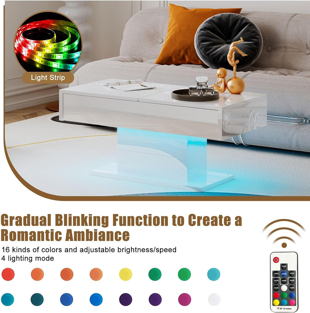 HedoAjim White LED Coffee Table with Storage for Living Room, Living Room Table Rectangular Center Table, Modern High Glossy Wooden Coffee Tables with 16 Colors LED Lights for Dining Reception Room