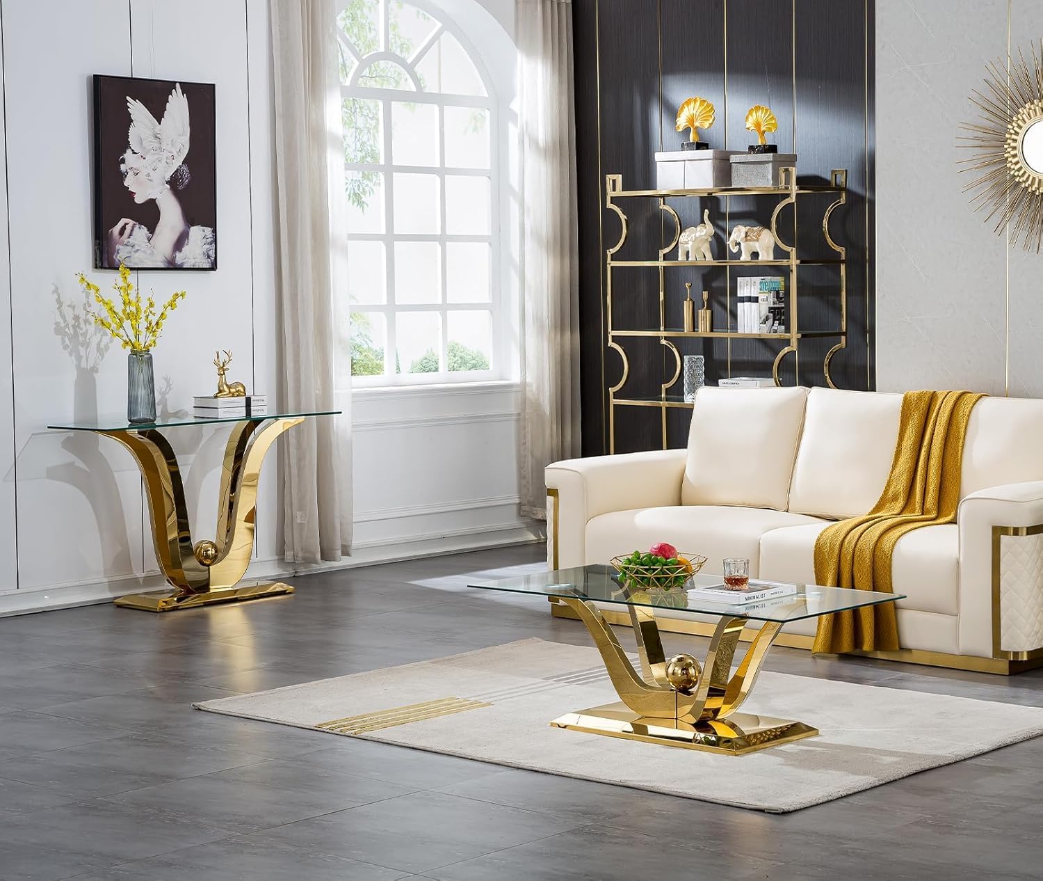 Modern Gold Glass Console Table, 47' Rectangle Entryway Table with Tempered Glas Top & Stainless Steel Frame, Luxury Glass Console Table Behind Sofa Table Hallway Table for Entrance Living Room