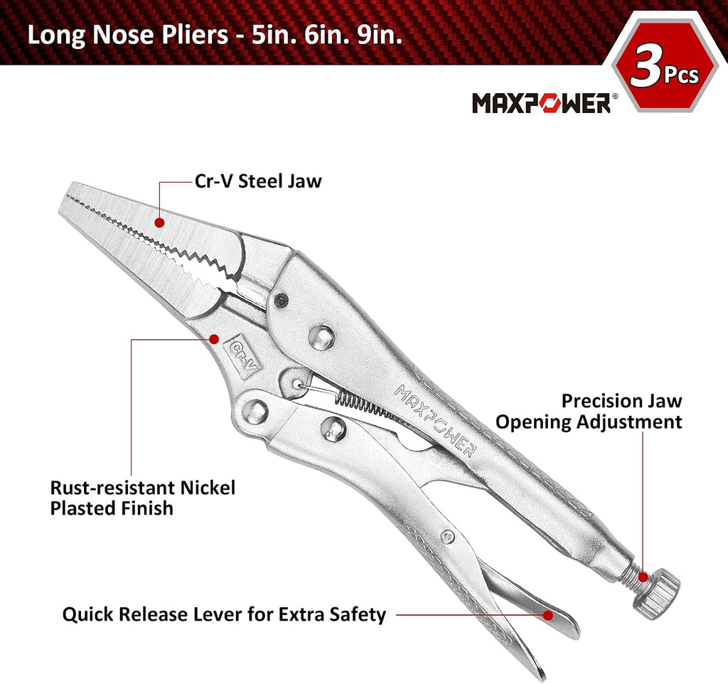 MAXPOWER 15-pc Locking Pliers Set with C-clamps, Long Nose, Pinch Off, Sheet Metal Clamp, U Shaped Pliers and Tool Bag