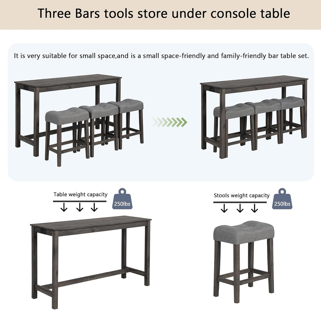 Merax 4 Piece Dining Bar Table Set with Power Outlet,Behind Sofa Couch Table with 3 Linen Fabric Padded Saddle Seat Stools,for Living Room,Dining Room,Dark Gray