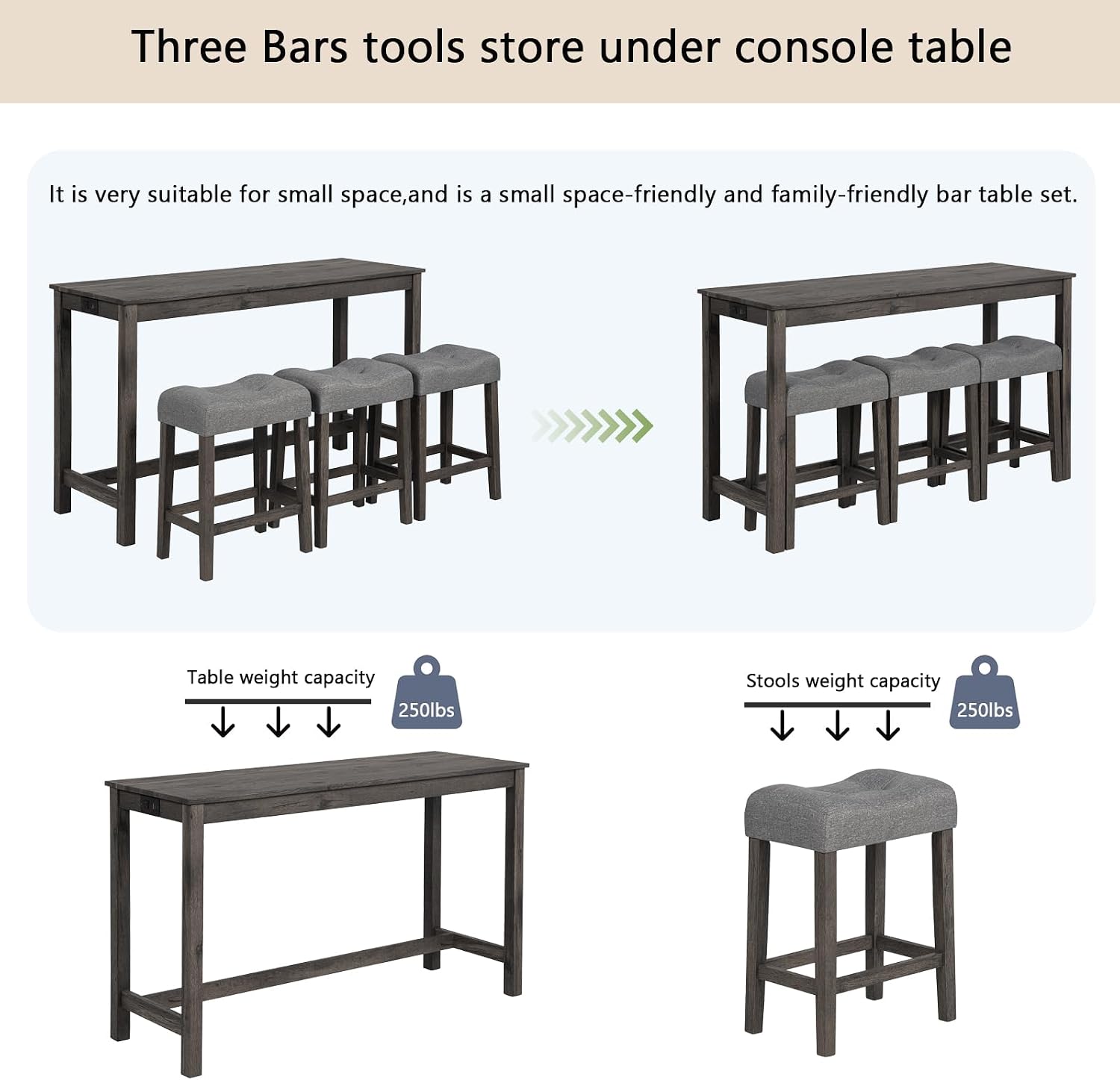 Merax 4 Piece Dining Bar Table Set with Power Outlet,Behind Sofa Couch Table with 3 Linen Fabric Padded Saddle Seat Stools,for Living Room,Dining Room,Dark Gray