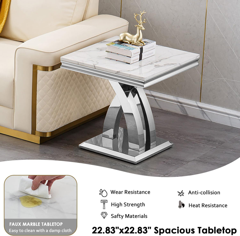 3 Pieces Coffee Table Set, Faux Marble Living Room Table Set of 3, Modern Coffee Table and 2 End Tables with X-Shaped Stainless Steel Base for Living Room (White Silver)