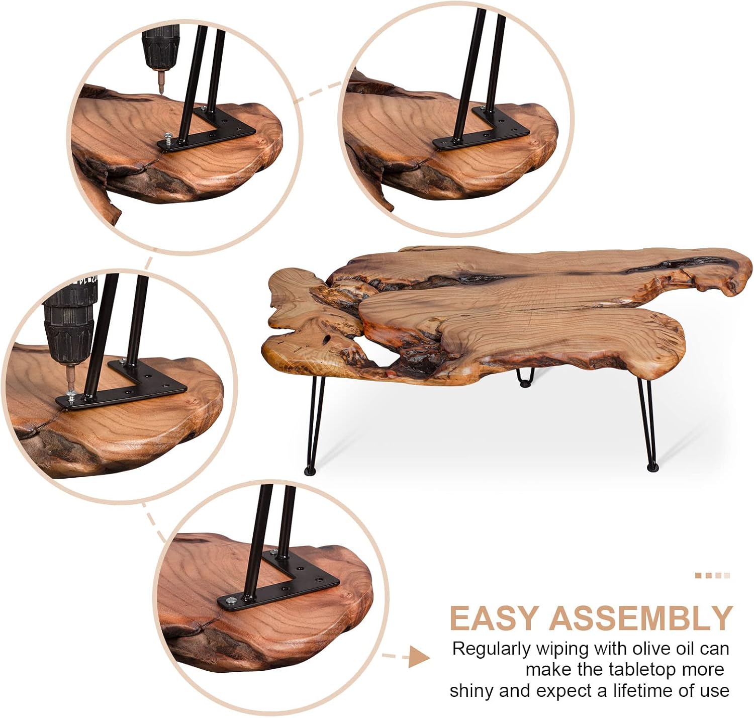 BTEOBFY 14-Inch Live Edge Coffee Table - Handcrafted Solid Wood Side Table with Metal Hairpin Legs - Unique Organic Shape End Table for Living Room, Rustic Boho & Modern Farmhouse Decor