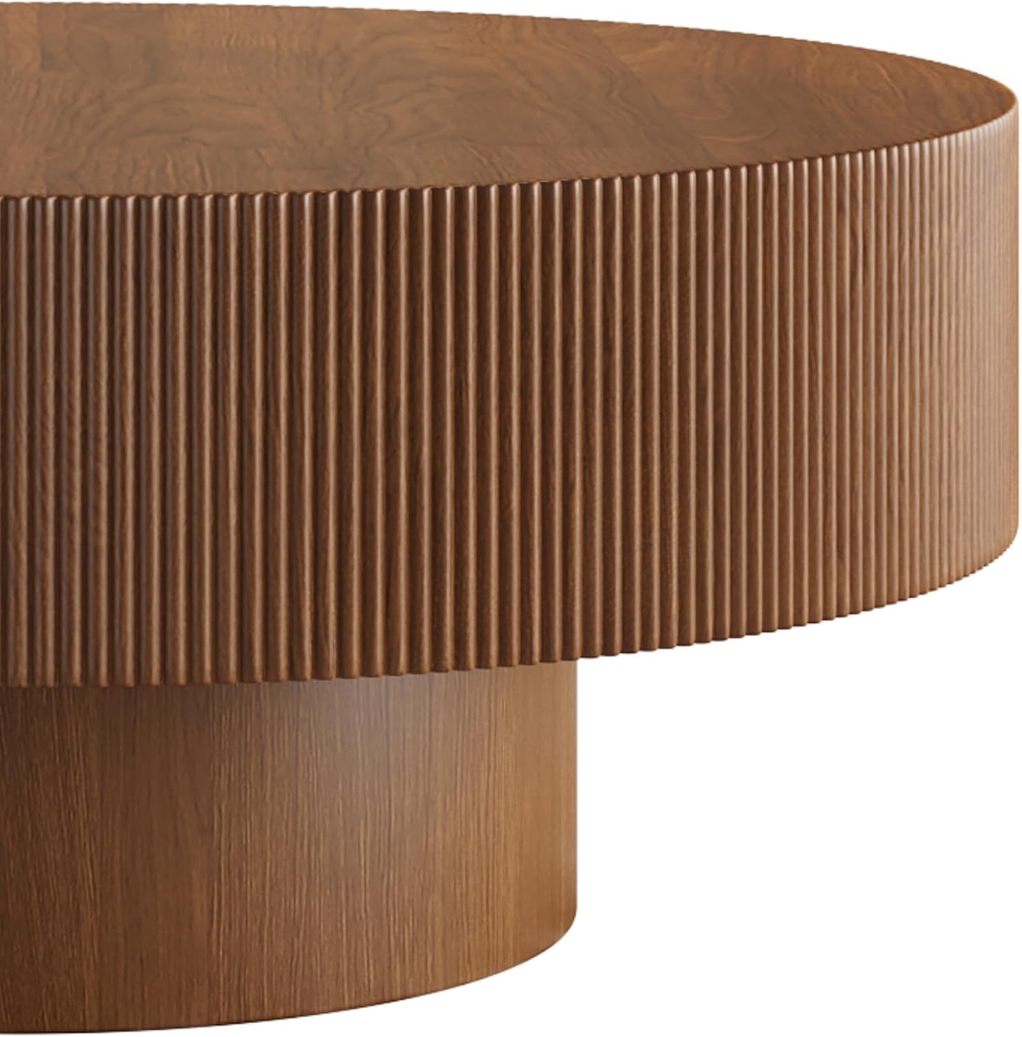 31.5' Round Coffee Table Mid Century Walnut Wood Fluted Coffee Tables for Living Room Circle Drum Center Table Accent Cocktail Tea Living Room Tables for Apartment Home Office