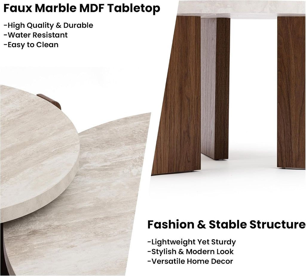 HOMPUS 31.5' Farmhouse Round Coffee Table, Wooden Coffee Table with Faux Marble Tabletop, Modern Living Room Circle Center Table, End Table for Living Room, Apartment, Easy Assembly (White + Brown)
