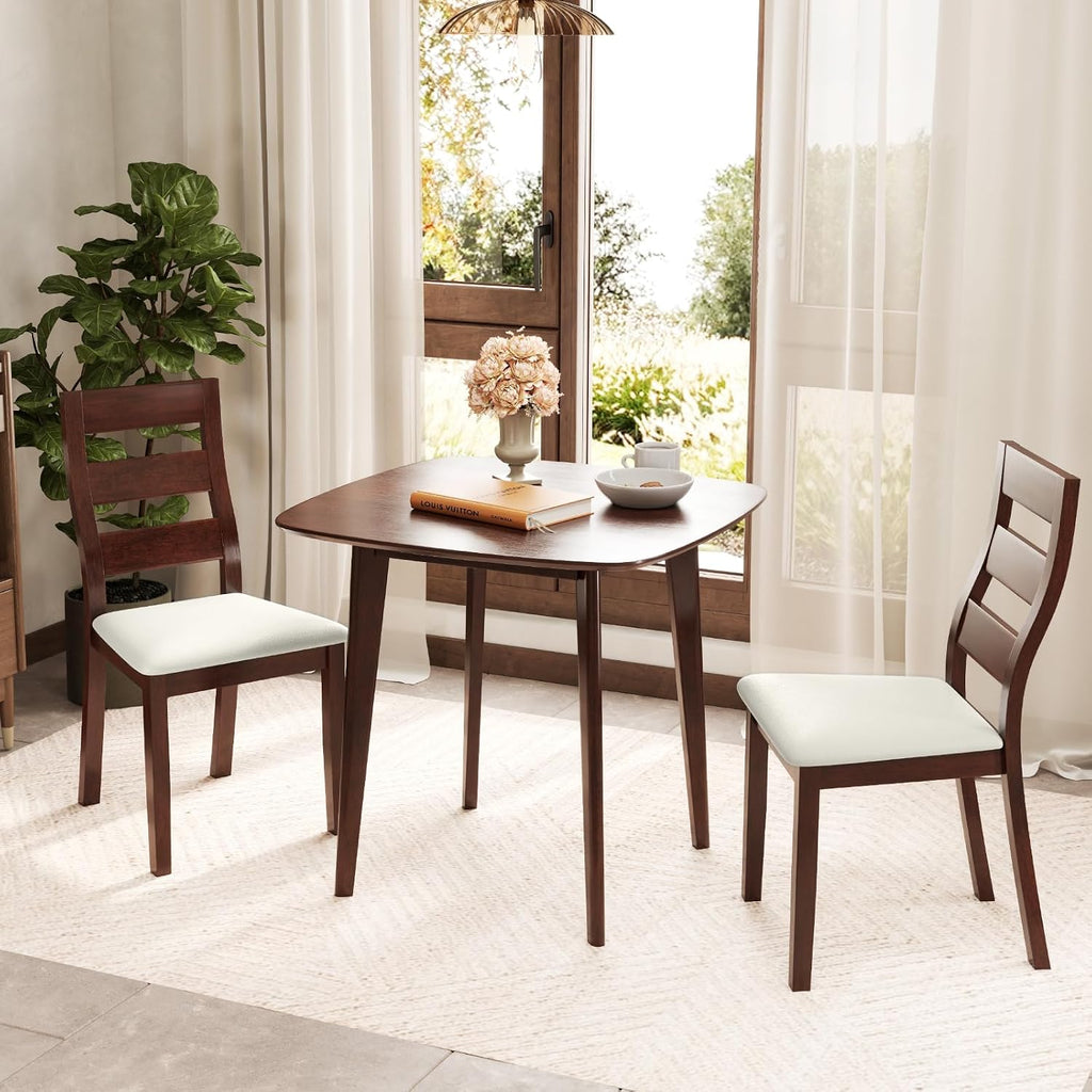 Tangkula Compact Dining Table Set for 2, Wooden Round Kitchen Table & 2 Chairs with Cushioned Seats, 3-Piece Dining Set for Small Spaces, Kitchen, Living Room