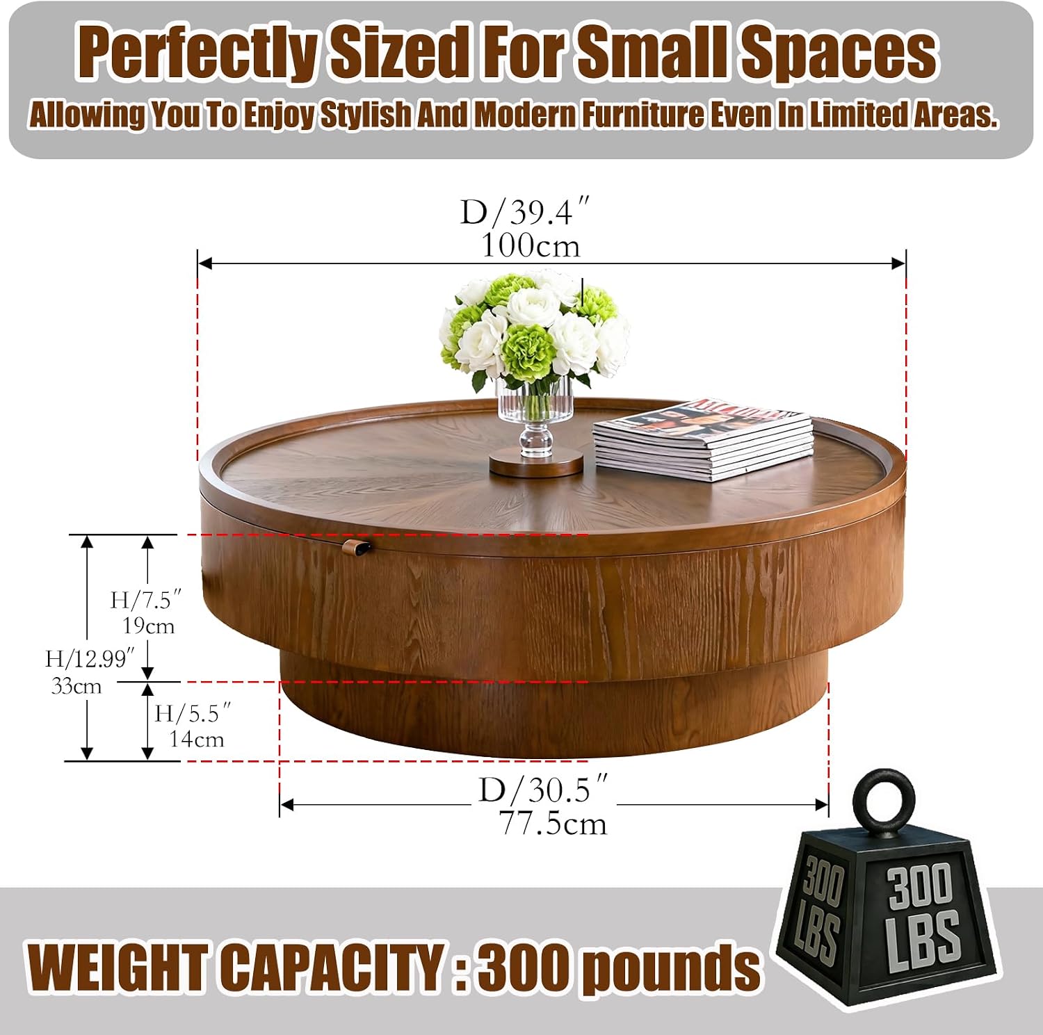 39.4'' Round Storage Coffee Table, Modern Drum Coffee Tables with Solid Wood Veneer, Wooden Circle Center Table for Living Room, Small Spaces, and Apartments, Easy Assembly