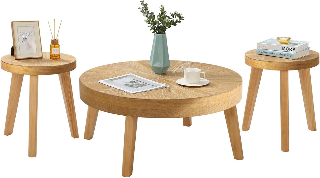 HOKYHOKY Farmhouse Round Coffee Table Set of 3, Boho Sofa Side Nesting Tables End Table Set with Wood Natural Finish for Living Room, Bedroom, Home Office,Natural