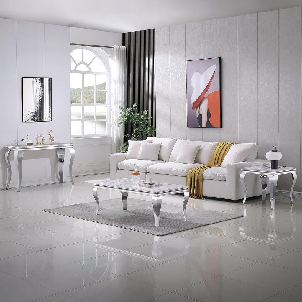 47' Marble Coffee Table for Living Room, Modern White Coffee Table with Silver Stainless Steel S-Shaped Legs, Faux Marble Rectangle Center Table Accent Cocktail Table for Home,Office
