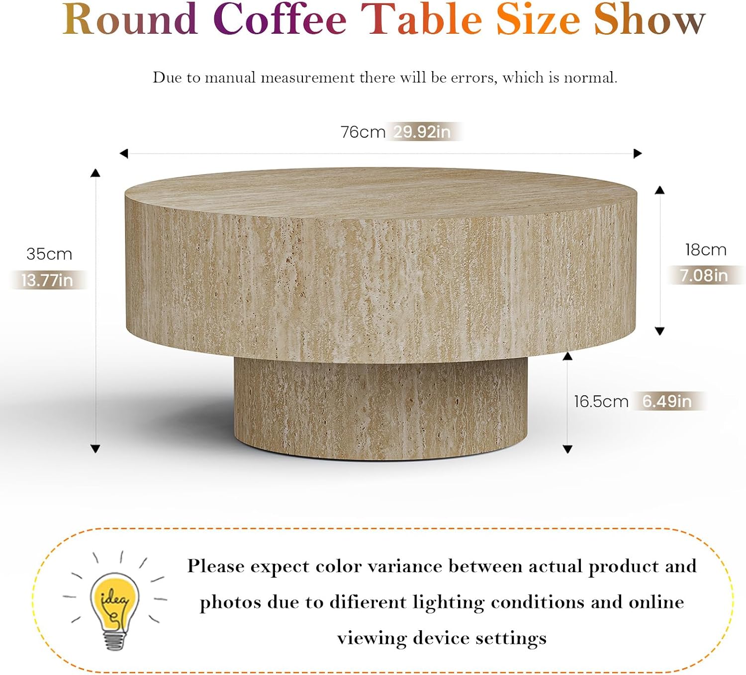 Round Travertine Coffee Table, with Large Tabletop & Base, Mid Century Rustic Circle Wood Center Table for Living Room Farmhouse Apartment, Easy Assembly (B)