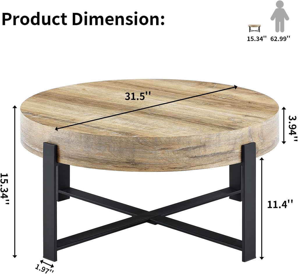 Round Coffee Table, Small Wood Coffee Table with Storage, Modern Rustic Distressed Wood Grain Circle Tables Accent Center Tables for Living Room Apartment Small Space (31.5''D-Retro Natural)