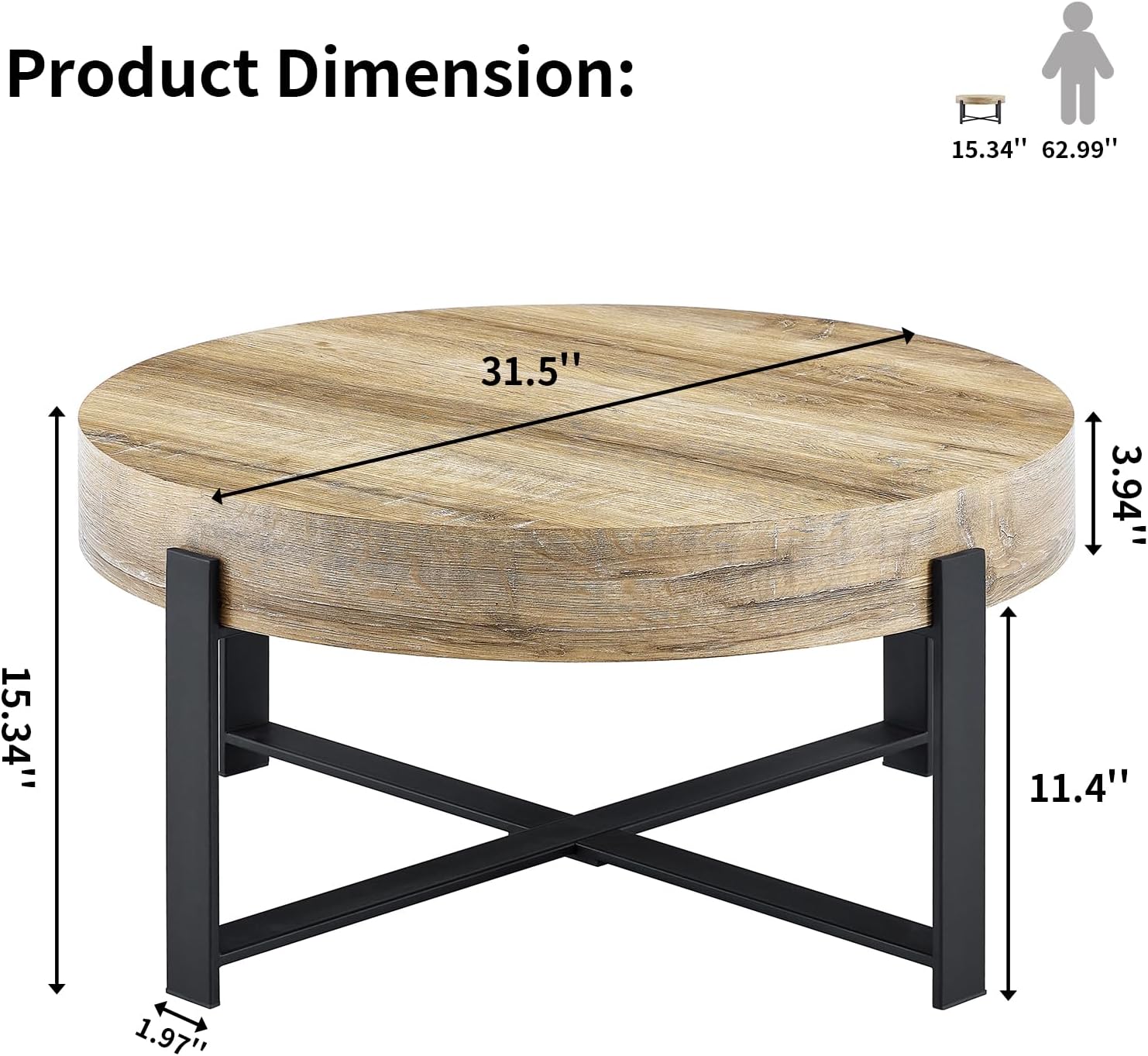 Round Coffee Table, Small Wood Coffee Table with Storage, Modern Rustic Distressed Wood Grain Circle Tables Accent Center Tables for Living Room Apartment Small Space (31.5''D-Retro Natural)