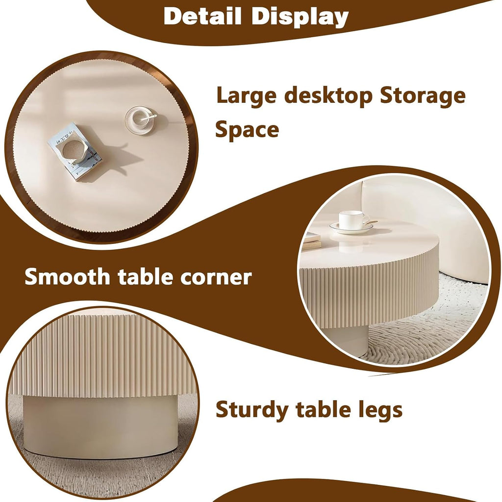 Round Drum Coffee Table White Fluted Coffee Table Circle Center Table Pedestal End Table for Apartment (Cream White)