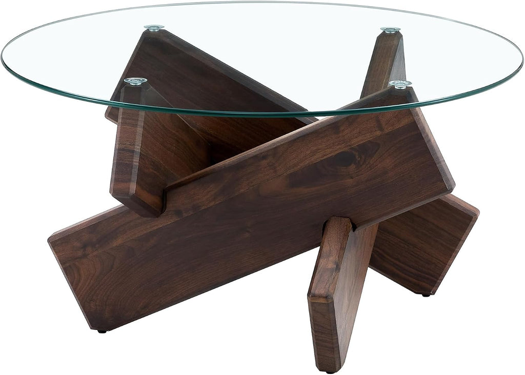 33.4'' Tempered Glass Round Coffee Table for Living Room, Modern Circle Coffee Table, Glass Tabletop & Wood Base, Easy Assembly, Walnut
