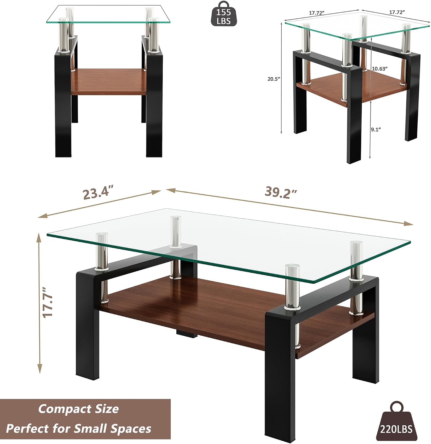Glass Coffee Table Sets of 3 for Living Room, Mordern End Table Sofa Side Tables with Storage, Black Metal Leg, Transparent Glass Tabletop Rectangle Tempered Center Table Home Furniture Set
