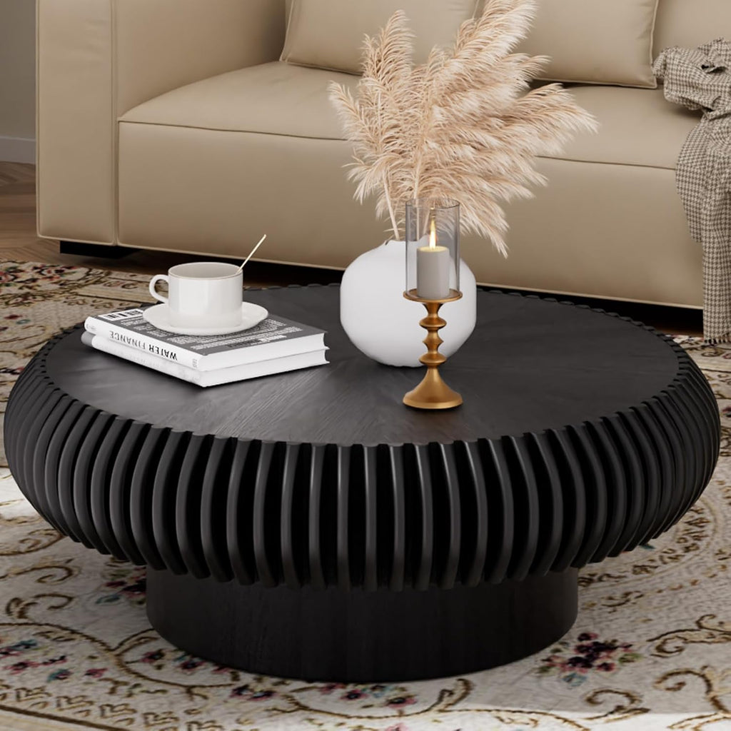 Round Coffee Table for Living Room Modern Solid Wood Fluted Design Coffee Tables with Sturdy Pedestal for Small Space Circle Center Table Accent Tea Table for Apartment, Easy Assemble (Black, 31.4)
