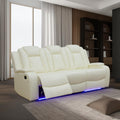 Power Leather Recliner Sofa with LED Light,84' Double Reclining Couch with Drop Down Table/USB Port/Storage Armrest,3 Seater Leather Couch for Living Room Furniture(White,3 Seater Sofa)
