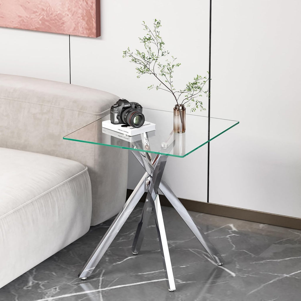 Glass 2 Piece Living Room Table Set,Glass Coffee Table and End Table Sets,Accent Table Sofa Table Sets with X-Designed Metal Legs and Tempered Glass Tabletop for Living Room Furniture (2, Silver)