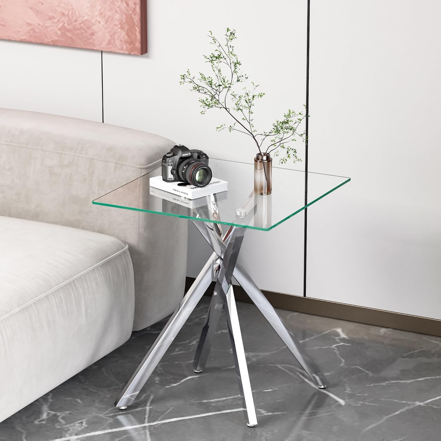 Glass 2 Piece Living Room Table Set,Glass Coffee Table and End Table Sets,Accent Table Sofa Table Sets with X-Designed Metal Legs and Tempered Glass Tabletop for Living Room Furniture (2, Silver)