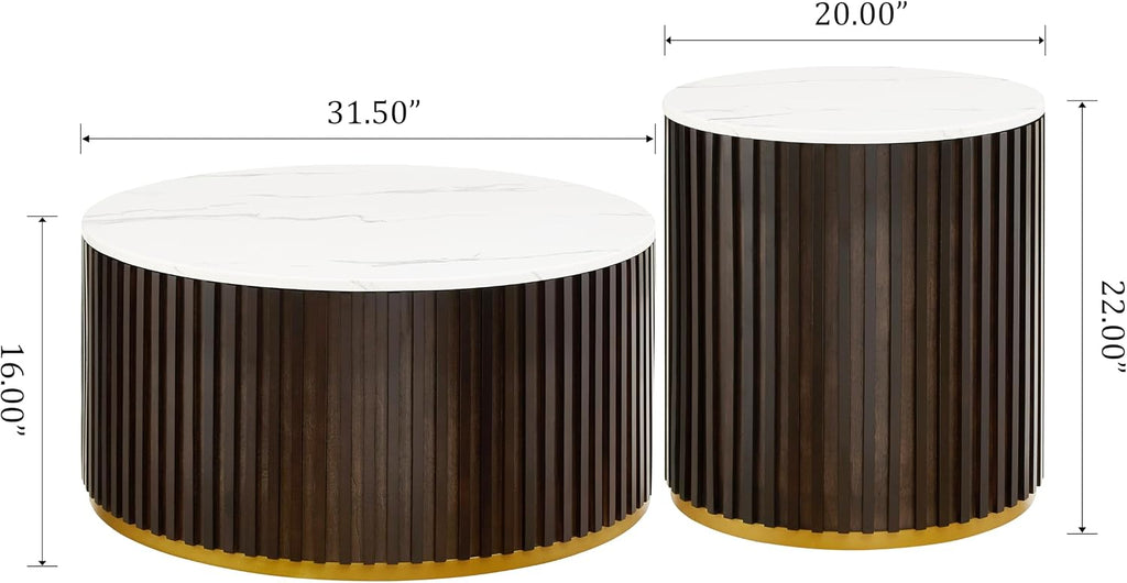 Round Wood Coffee Table Set of 2 with Marble Lid ＆ Hidden Storage, Handcraft Drum Side Table, Modern Circle Wooden End Table Set for Living Room, No Need Assembly(Black Brown,31x31x16 in)