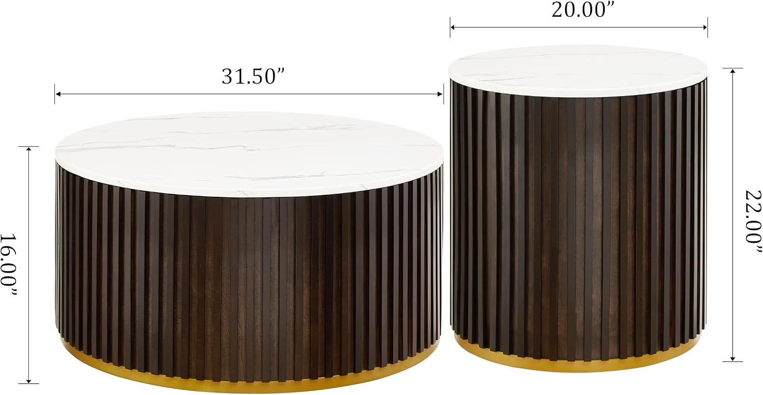 Round Wood Coffee Table Set of 2 with Marble Lid ＆ Hidden Storage, Handcraft Drum Side Table, Modern Circle Wooden End Table Set for Living Room, No Need Assembly(Black Brown,31x31x16 in)