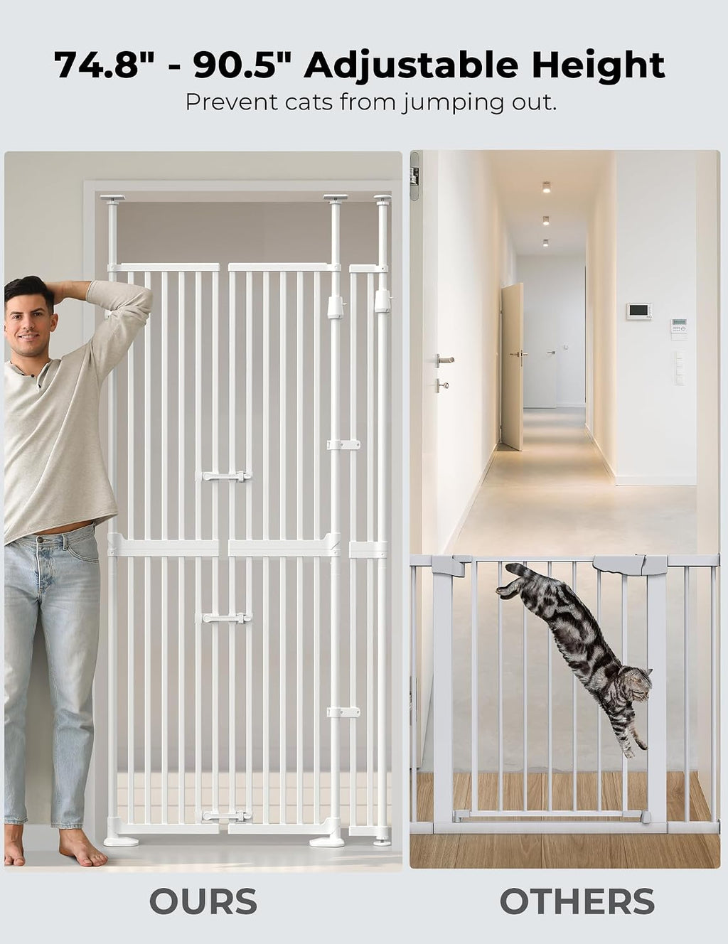 Extra Tall Cat Gate for Doorway: 74.8'-90.5' Tall Cat Gates for Pet 30.3'-38.2' Wide Pressure Mount No Wall Drilling for Indoor Stairs Doorway Room Door Dog Safety Barrier No Toddler