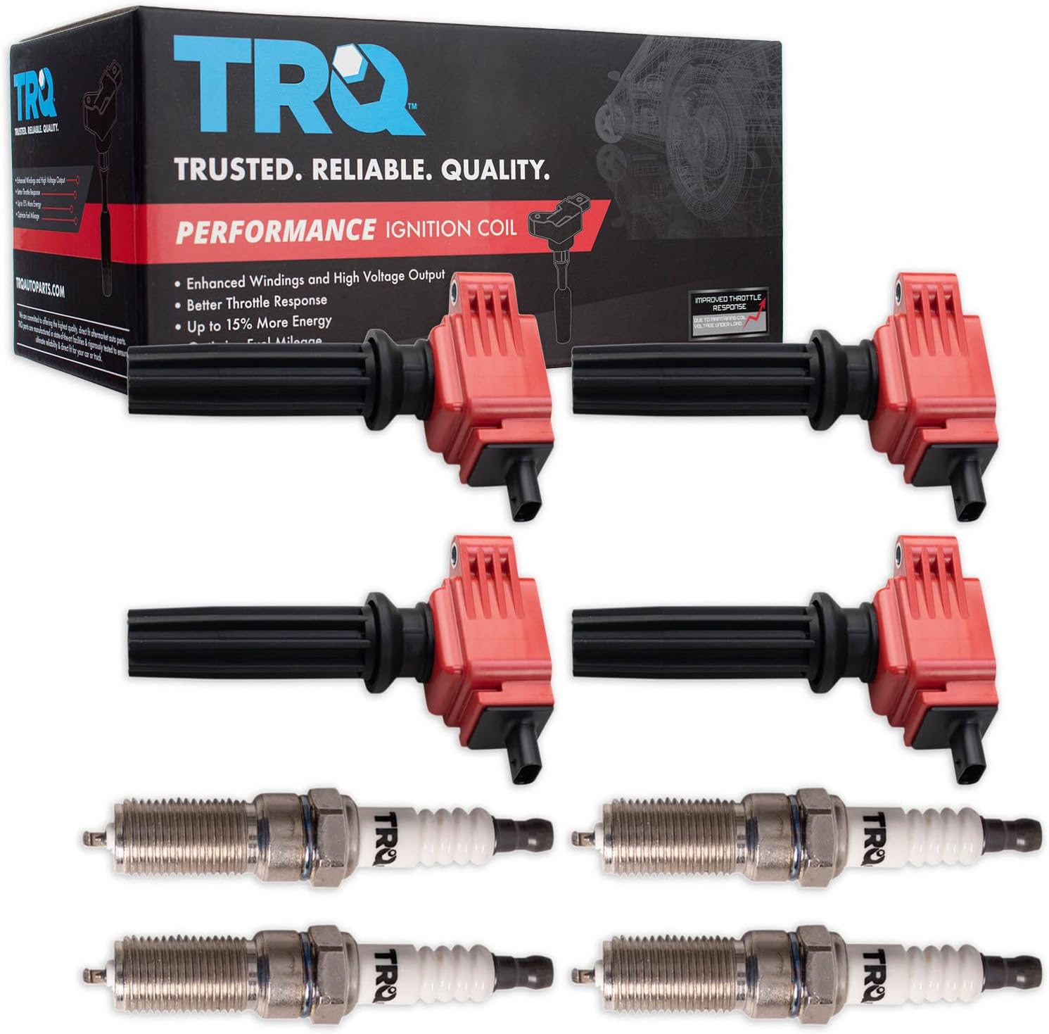TRQ Ignition Coil & Spark Plug Kit Iridium 8 Piece Compatible with 2012-2018 Ford Focus 2.0L 2016-2018 Focus 2.3L 2015-2018 Edge 2.0L 2012-2017 Land Rover Range Rover Evoque 2013-2015 LR2