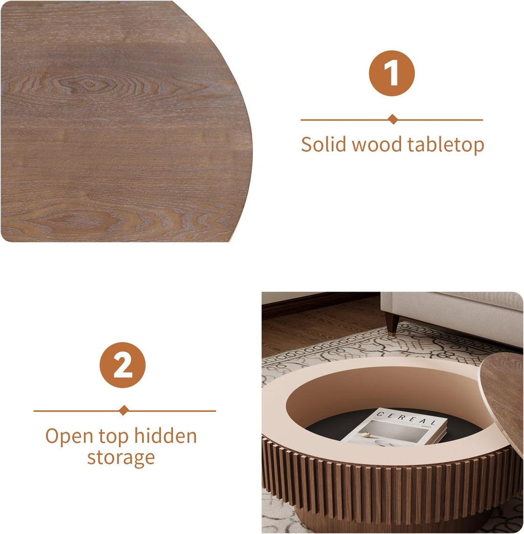 31.5'' Round Coffee Table for Living Room, Fluted Coffee Table with Hidden Storage, Solid Wood Veneered Circle Table, Modern Tea Table for Small Space Apartment (Walnut-31.5''D×14''H)