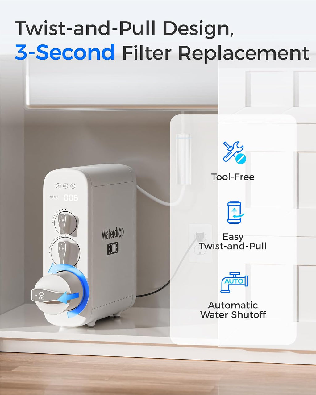 Waterdrop G3P800-RO Filter, Replacement for Waterdrop G3P800 Tankless Reverse Osmosis Water Filter, Reduce PFAS, 2-year Lifetime
