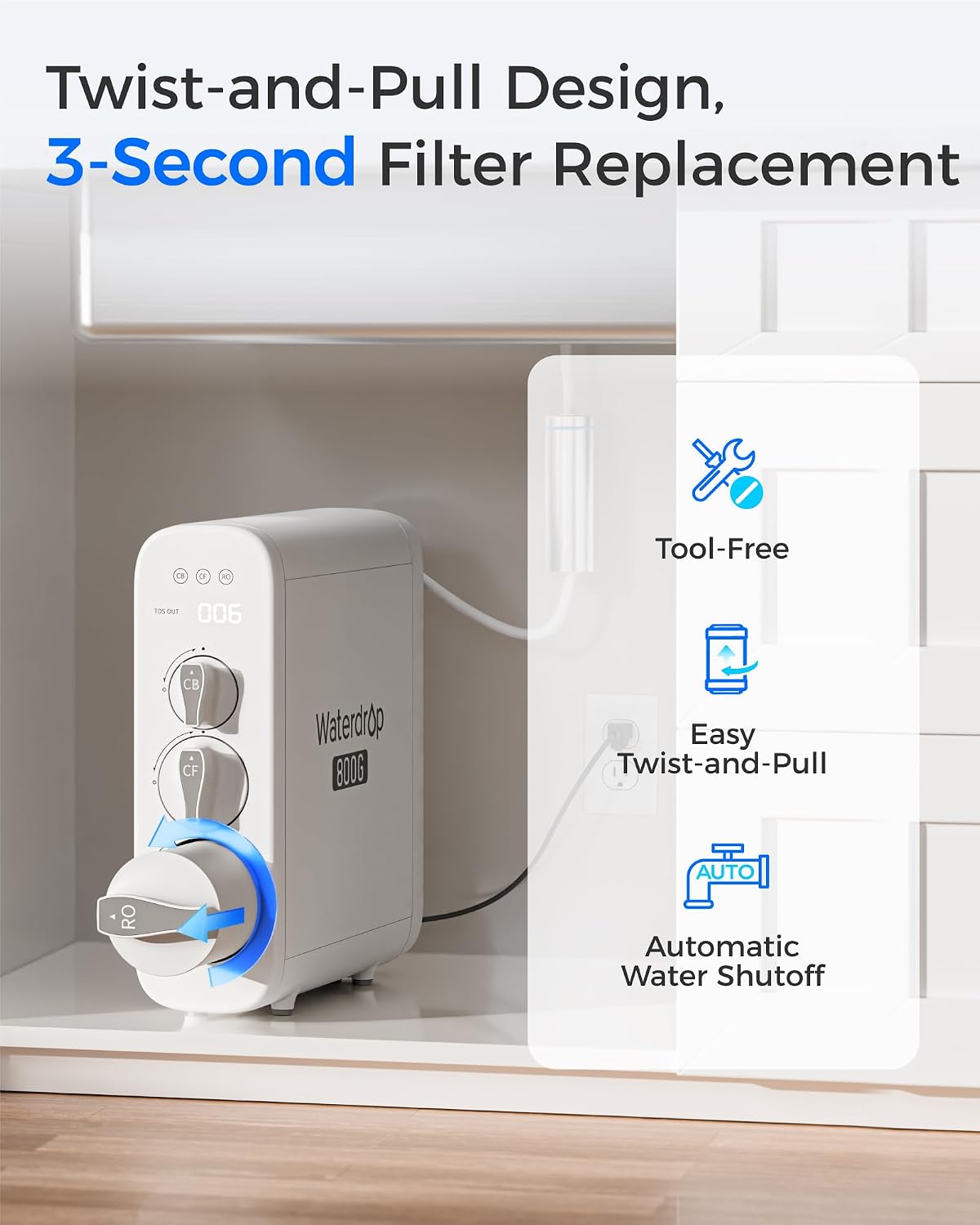 Waterdrop G3P800-RO Filter, Replacement for Waterdrop G3P800 Tankless Reverse Osmosis Water Filter, Reduce PFAS, 2-year Lifetime